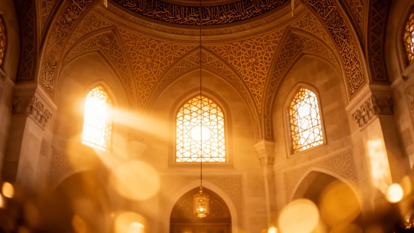 Beautiful mosque interior with golden light